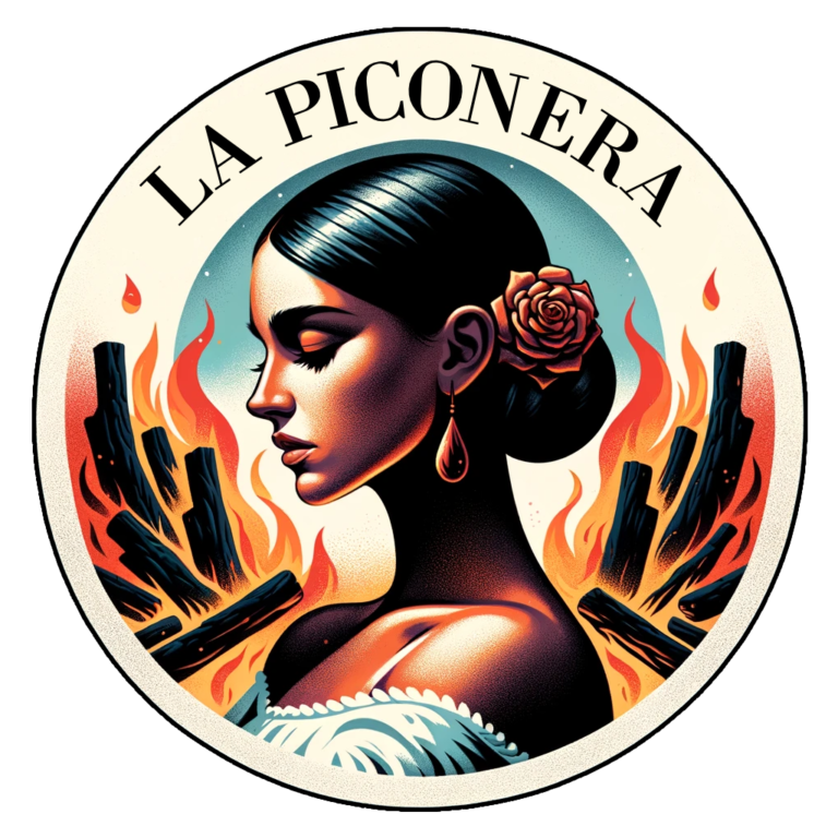 Logo de La Piconera, una mujer vestida de época, de perfil, rodeada de brasas